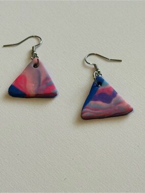Handcrafted Pink & Blue Marbled Triangle Drop Earrings